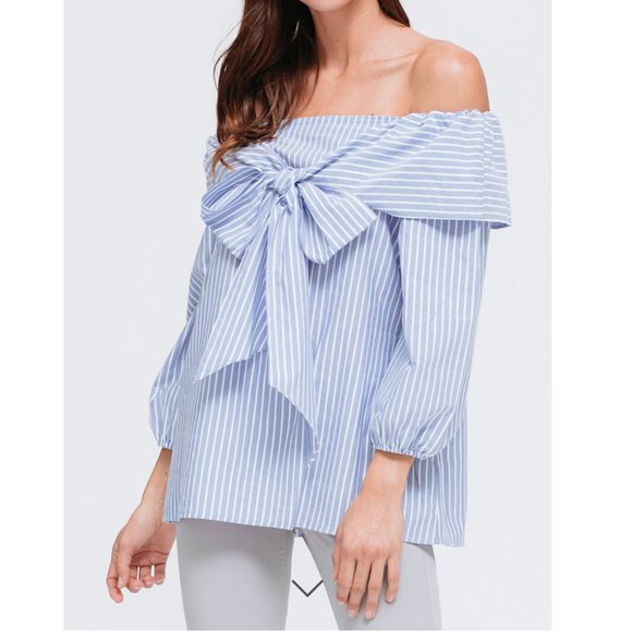 Pleione Tops - Anthropologie Pleione Off Shoulder Bow Top in Blue White Stripe